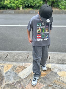 「NEW ERA（ニューエラ）のアイテム（キャップ、ブラック系）」を使った、3yamaさん（キッズ・120cm）の夏コーディネート