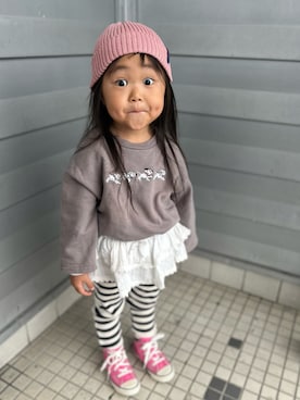 「petit main（プティマイン）のコットンビーニー（ニットキャップ/ビーニー、ピンク系）」を使った、3yamaさん（レディース・160cm）の春コーディネート