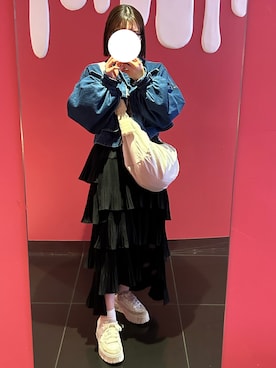 「ショート丈トップス」｜「アイテム（デニムジャケット）」を使った、Miiiさん（レディース・158cm）の秋コーディネート