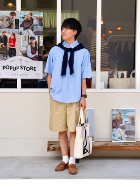 「アイテム（ストール/ショール）」を使った、なべさん（メンズ・168cm）の夏コーディネート