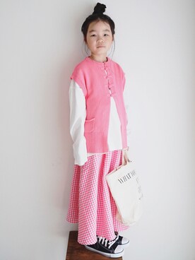 「ギンガムチェック」｜「アイテム（スカート、ピンク系）」を使った、haa__fuuさん（キッズ・127cm）の冬コーディネート