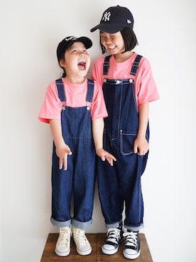 「カラーTシャツ」｜「アイテム（サロペット/オーバーオール）」を使った、haa__fuuさん（キッズ・127cm）の春コーディネート