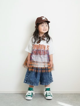 「アイテム（キャップ）」を使った、しなつさん（キッズ・90cm）の春コーディネート