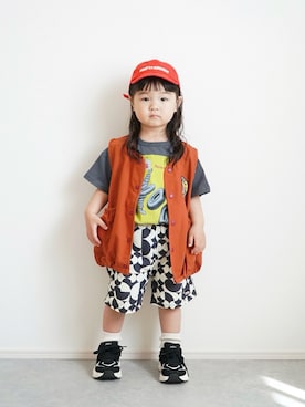 「アイテム（キャップ）」を使った、しなつさん（キッズ・90cm）の春コーディネート