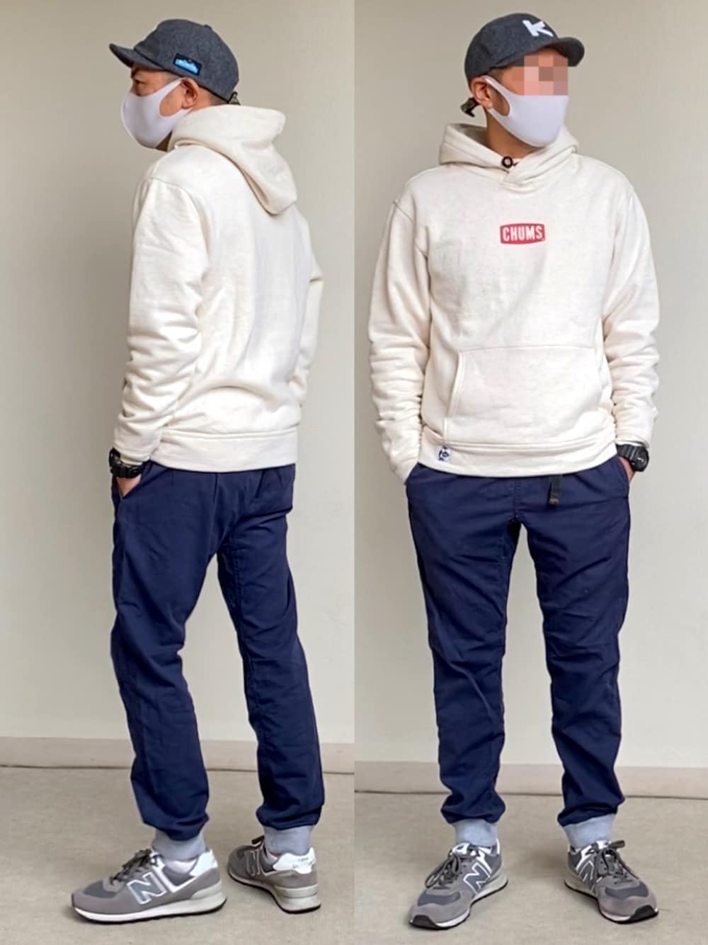 「おしゃれさんと繋がりたい、パーカー、スウェット、リブパンツ、キャップ、スニーカー、秋のコーデ、シンプルコーデ」｜「KAVUの【KAVU】Base Ball Cap (Wool)（キャップ、ブルー系）」を使った、Kさんさん（メンズ・173cm）の秋コーディネートの1枚目の写真