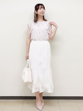 「index（インデックス）の2wayフリルリボン刺繍ブラウス【洗濯機OK／イージーアイロン】（シャツ/ブラウス、ベージュ系）」を使った、ゆりなさん（レディース）の夏コーディネート