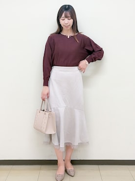 「index（インデックス）の【8色／S-3Lサイズ】ビジュー付きドルマンニット《洗濯機OK／抗ピリング》（Knitwear、レッド系）」を使った、ゆりなさん（レディース）の秋コーディネート
