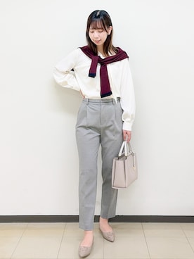 「index（インデックス）のバイカラークルーネックカーディガン【洗濯機OK】（Cardigans、レッド系）」を使った、ゆりなさん（レディース）の秋コーディネート