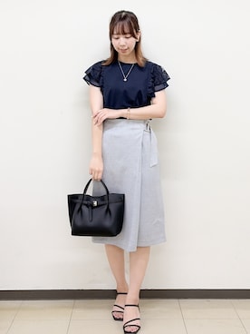 「index（インデックス）の【接触冷感／UV】レースフレアスリーブトップス《洗濯機OK》（Tシャツ/カットソー、ブルー系）」を使った、ゆりなさん（レディース）の夏コーディネート