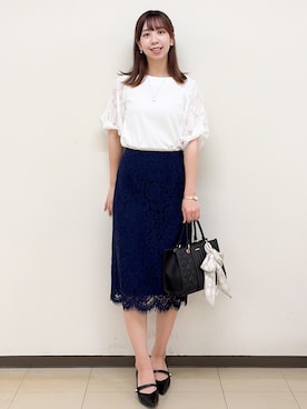 「index（インデックス）の【S‐LLサイズ】花柄ジャカードスリーブトップス《接触冷感／UVケア／洗濯機OK》（T Shirts、ホワイト系）」を使った、ゆりなさん（レディース）の秋コーディネート