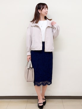 「index（インデックス）の【防シワ】スタンドパフブルゾン《洗濯機OK》（Blouson、ベージュ系）」を使った、ゆりなさん（レディース）の秋コーディネート