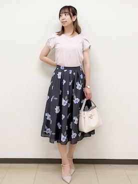 「index（インデックス）の【接触冷感／UVケア】ハートネックレースレイヤードトップス《洗濯機OK／6col》（Tシャツ/カットソー、ベージュ系）」を使った、ゆりなさん（レディース）の夏コーディネート