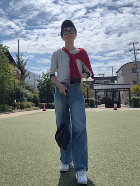 「pufe（ピュフェ）の【１枚でこなれ感のあるレイヤードスタイルが完成】【pufe】レイヤード ロングTee ロンT レディース 長袖 Tシャツ カットソー トップス フェイクレイヤード 重ね着風 配色 バイカラー ボーダー 無地 クルーネック 薄手 ストレッチ ロングスリーブ 春 秋 冬 美シルエット 柔らかい 肌触り pufe ピュフェ（Tシャツ/カットソー、ホワイト系）」を使った、DONOBAN OFFICIALさん（レディース・167cm）の秋コーディネート
