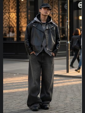 「アイテム（ライダースジャケット）」を使った、Lok1さん（メンズ・167cm）の冬コーディネート