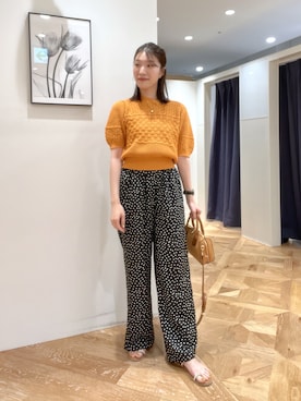 「NATURAL BEAUTY BASIC（ナチュラルビューティーベーシック）のパッチワークニット（Knitwear、オレンジ系）」を使った、mizukiさん（レディース・161cm）の夏コーディネート