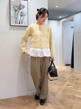 「NATURAL BEAUTY BASIC（ナチュラルビューティーベーシック）のシルクブレンドカーディガン（カーディガン/ボレロ、イエロー系）」を使った、mizukiさん（レディース・161cm）の秋コーディネート