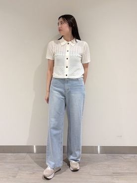 「NATURAL BEAUTY BASIC（ナチュラルビューティーベーシック）のポロ襟メッシュカーディガン（カーディガン/ボレロ、ホワイト系）」を使った、mmmk513さん（レディース・164cm）の夏コーディネート