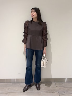 「NATURAL BEAUTY BASIC（ナチュラルビューティーベーシック）のシアーペプラムブラウス（シャツ/ブラウス、ブラウン系）」を使った、mmmk513さん（レディース・164cm）の秋コーディネート