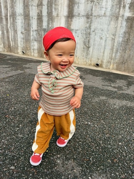 「VINTAGE（ヴィンテージ）のアイテム（ファッション雑貨、レッド系）」を使った、小鉄くんさん（キッズ・70cm）の夏コーディネート