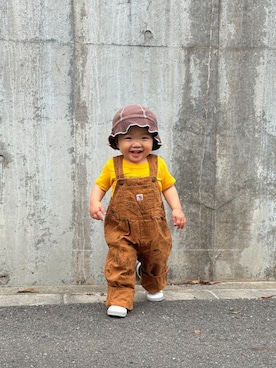 「3coins（3coins）のアイテム（ハット、ブラウン系）」を使った、小鉄くんさん（キッズ・70cm）の夏コーディネート