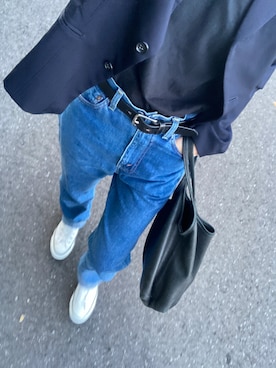 「COMME des GARCONS COMME des GARCONS（コムデギャルソンコムデギャルソン）のアイテム（テーラードジャケット、ブルー系）」を使った、花沢アリスさん（レディース・164cm）の秋コーディネート