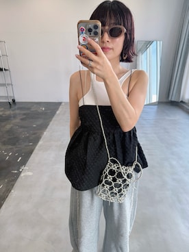 「room153（ルームイチゴサン）のミニビーズバッグ（ハンドバッグ、シルバー系）」を使った、room153  snap さん（レディース・158cm）の夏コーディネート