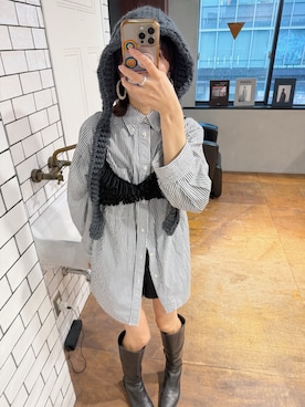 「room153（ルームイチゴサン）のケーブルニットキャップ（ニットキャップ/ビーニー、グレー系）」を使った、room153  snap さん（レディース・153cm）の秋コーディネート