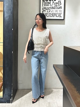 「CAPRICIEUX LE'MAGE（カプリシューレマージュ）の【低身長サイズあり】スリットポケットストレートデニム（デニムパンツ、ブルー系）」を使った、mai24lemさん（レディース・153cm）の春コーディネート