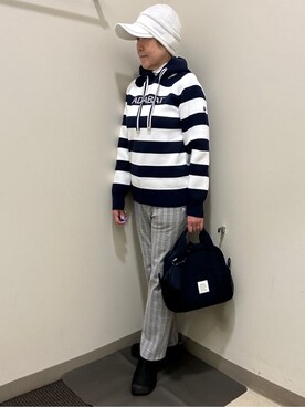「adabat（アダバット）のボーダーニットパーカー（ニット/セーター、ブルー系）」を使った、CNさん（レディース・154cm）の秋コーディネート