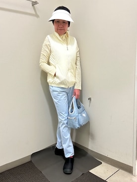「adabat（アダバット）のドビーチェック長袖ポロシャツ（ポロシャツ、イエロー系）」を使った、CNさん（レディース・154cm）の冬コーディネート