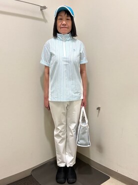「adabat（アダバット）のサッカーストライプジッププルオーバー（Tシャツ/カットソー、ブルー系）」を使った、CNさん（レディース・154cm）の春コーディネート