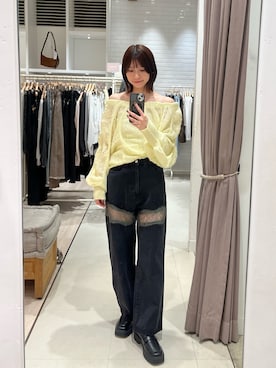 「mystic（ミスティック）の【ウエスト調整可能！】レース切替デニム（デニムパンツ、ブラック系）」を使った、ミクリさん（レディース・162cm）の夏コーディネート