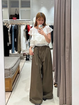 「mystic（ミスティック）の【新色BRN/3サイズ展開/タックデザイン】ワイドベルトタックパンツ（その他パンツ、ブラウン系）」を使った、ミクリさん（レディース・162cm）の夏コーディネート