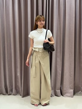 「mystic（ミスティック）の【4色展開】ハイネックフレンチリブニット（ニット/セーター、ホワイト系）」を使った、ミクリさん（レディース・162cm）の夏コーディネート