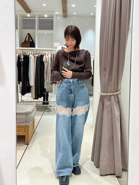 「mystic（ミスティック）の【ZOZO限定REVIVAL】26AWオフショルリブニット（Tシャツ/カットソー、ブラウン系）」を使った、ミクリさん（レディース・162cm）の夏コーディネート