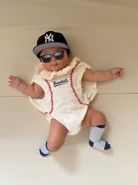 「NEW ERA（ニューエラ）のNew Era キャップ MY 1st 9FIFTY 帽子 48-50cm（キャップ、ブルー系）」を使った、ひなぷさん（キッズ・70cm）の秋コーディネート