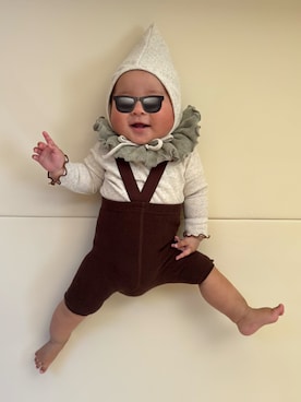 「sowanのアイテム（スタイ/よだれかけ、グリーン系）」を使った、ひなぷさん（キッズ・70cm）の春コーディネート