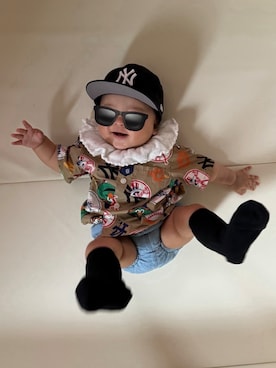「NEW ERA（ニューエラ）のNew Era キャップ MY 1st 9FIFTY 帽子 48-50cm（キャップ、ブルー系）」を使った、ひなぷさん（キッズ・70cm）の秋コーディネート