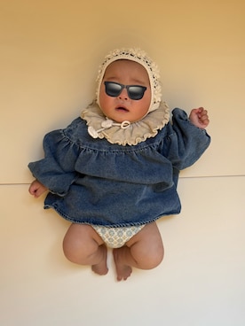 「楽天のアイテム（Tシャツ/カットソー、ブルー系）」を使った、ひなぷさん（キッズ・70cm）の春コーディネート