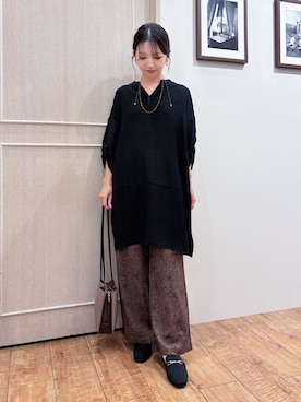 「SHOO・LA・RUE（シューラルー）の【ひんやり/S-LL/洗濯後しわになりにくい】秋まで活躍 ゆるっとリラックス 7分袖チュニック（ワンピース、ブラック系）」を使った、なみさん（レディース・161cm）の夏コーディネート