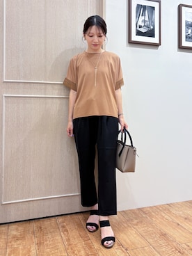 「SHOO・LA・RUE（シューラルー）の【ひんやり/UV】お袖レースが上品 ゆったりとろみトップス（Tシャツ/カットソー、イエロー系）」を使った、なみさん（レディース・161cm）の夏コーディネート
