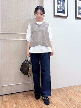 「SHOO・LA・RUE（シューラルー）の【S-LL/ストレッチ/色落ちしにくいネイビー】脚がまっすぐきれいに見える ワイドストレートデニムパンツ（デニムパンツ、ブルー系）」を使った、なみさん（レディース・161cm）の秋コーディネート