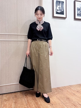 「SHOO・LA・RUE（シューラルー）の【ガンガン洗える/UV/毛玉になりにくい】二の腕見せない 5分袖ニット（ニット/セーター、ブラック系）」を使った、なみさん（レディース・161cm）の秋コーディネート