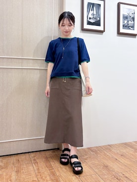 「SHOO・LA・RUE（シューラルー）の【二の腕隠れる/コットン混】配色使いで差がつく 洗える五分袖ニット（ニット/セーター、ブルー系）」を使った、なみさん（レディース・161cm）の夏コーディネート