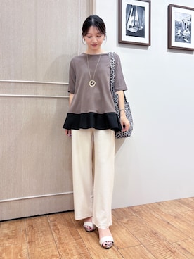 「SHOO・LA・RUE（シューラルー）の【ひんやり/S-LL/洗濯機可】さらりと涼しい ストレッチベイカーパンツ（その他パンツ、ホワイト系）」を使った、なみさん（レディース・161cm）の夏コーディネート