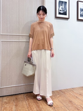 「SHOO・LA・RUE（シューラルー）の【ひんやり/UV】お袖レースが上品 ゆったりとろみトップス（Tシャツ/カットソー、イエロー系）」を使った、なみさん（レディース・161cm）の夏コーディネート