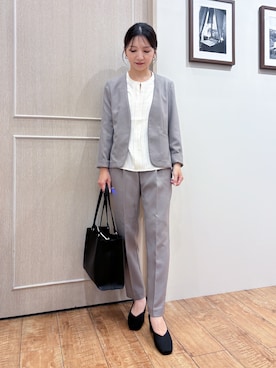 「SHOO・LA・RUE（シューラルー）の【セットアップ可/通勤/洗濯機可/SS-LL】女性らしく決まる カラーレスジャケット（ノーカラージャケット、ブラウン系）」を使った、なみさん（レディース・161cm）の秋コーディネート