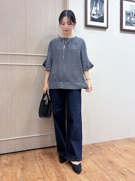 「SHOO・LA・RUE（シューラルー）の【ひんやり/S-LL/体型カバー】はしごレースが涼し気な スラブポンチョ風ブラウス（シャツ/ブラウス、グレー系）」を使った、なみさん（レディース・161cm）の夏コーディネート
