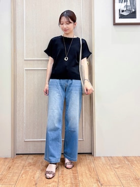「SHOO・LA・RUE（シューラルー）の【毎日洗える/ひんやり/UV/S-LL】二の腕隠れる さらっとドルマン半袖ニット（ニット/セーター、ブラック系）」を使った、なみさん（レディース・161cm）の夏コーディネート