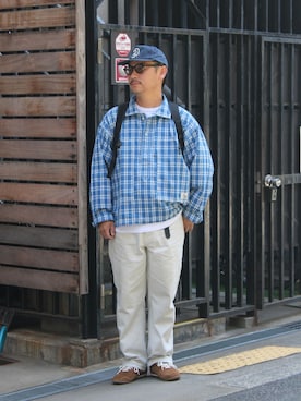 「Story mfg.（ストーリーエムエフジー）のSTORY mfg. / ストーリーエムエフジー. WORK SHIRT（シャツ/ブラウス、ブルー系）」を使った、タッキーさん（メンズ・171cm）の春コーディネート